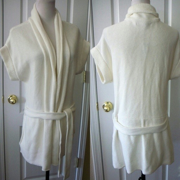 NWT SWEATER DUSTER COAT BELTED OFF WHITE BELTED POCKETS DOLMAN SLEEVE WOMEN M/L - Picture 1 of 5